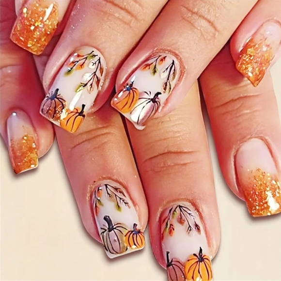 Other - 24 Pcs Press On Nails Thanksgiving Autumn Leaves Pumpkins Glitter Medium Square